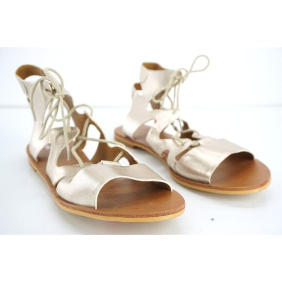 Nordstrom Brass Plum BP Gold Leather Ankle Strappy Flat Caged Sandal SZ 6.5 New - Picture 8 of 11